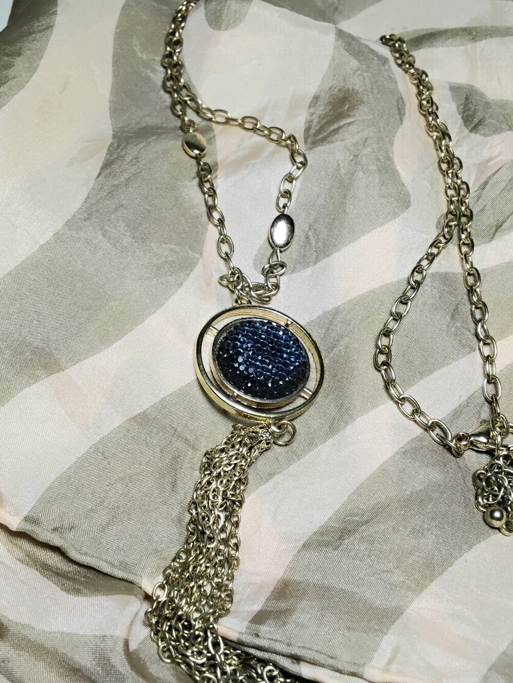Gold Tone Blue Druzy Tassel Necklace 42"